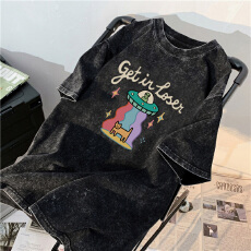 批发220克精梳纯棉洗水黑落肩宽松版型后包边短袖<b class='q'>T</b><b class='q'>恤</b>印花款