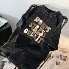 批发220克精梳纯棉洗水黑落肩宽松版型后包边短袖<b class='q'>T</b><b class='q'>恤</b>印花款