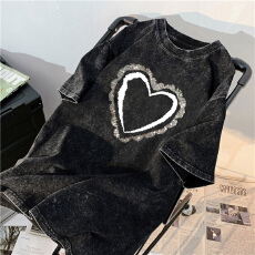 批发220克精梳纯棉洗水黑落肩宽松版型后包边短袖<b class='q'>T</b><b class='q'>恤</b>印花款