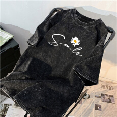 批发220克精梳纯棉洗水黑落肩宽松版型后包边短袖<b class='q'>T</b><b class='q'>恤</b>印花款