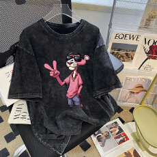 批发220克精梳纯棉洗水黑落肩宽松版型后包边短袖<b class='q'>T</b><b class='q'>恤</b>印花款