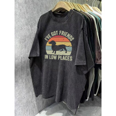 批发220克精梳纯棉洗水黑落肩宽松版型后包边短袖<b class='q'>T</b><b class='q'>恤</b>印花款