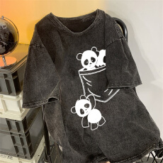 批发220克精梳纯棉洗水黑落肩宽松版型后包边短袖<b class='q'>T</b><b class='q'>恤</b>印花款