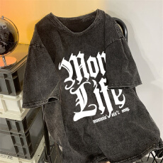 批发220克精梳纯棉洗水黑落肩宽松版型后包边短袖<b class='q'>T</b><b class='q'>恤</b>印花款