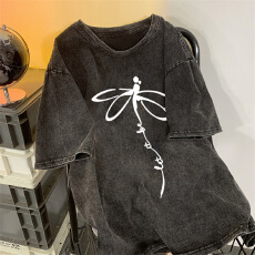 批发220克精梳纯棉洗水黑落肩宽松版型后包边短袖<b class='q'>T</b><b class='q'>恤</b>印花款