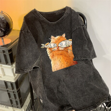 批发220克精梳纯棉洗水黑落肩宽松版型后包边短袖<b class='q'>T</b><b class='q'>恤</b>印花款