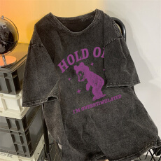 批发220克精梳纯棉洗水黑落肩宽松版型后包边短袖<b class='q'>T</b><b class='q'>恤</b>印花款