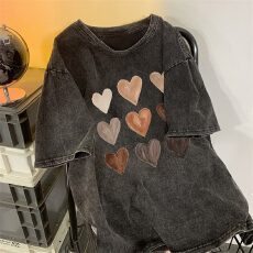 批发220克精梳纯棉洗水黑落肩宽松版型后包边短袖<b class='q'>T</b><b class='q'>恤</b>印花款