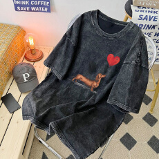 批发220克精梳纯棉洗水黑落肩宽松版型后包边短袖<b class='q'>T</b><b class='q'>恤</b>印花款