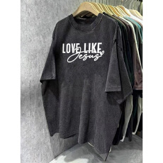 批发220克精梳纯棉洗水黑落肩宽松版型后包边<b class='q'>短袖</b>T恤印花款