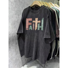 批发220克精梳纯棉洗水黑落肩宽松版型后包边<b class='q'>短袖</b>T恤印花款