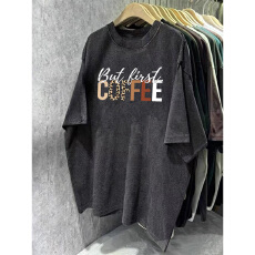 批发220克精梳纯棉洗水黑落肩宽松版型后包边<b class='q'>短袖</b>T恤印花款