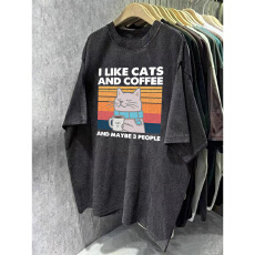 批发220克精梳纯棉洗水黑落肩宽松版型后包边<b class='q'>短袖</b>T恤印花款