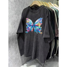 批发220克精梳纯棉洗水黑落肩宽松版型后包边<b class='q'>短袖</b>T恤印花款