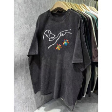 批发220克精梳纯棉洗水黑落肩宽松版型后包边<b class='q'>短袖</b>T恤印花款