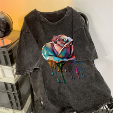 批发220克精梳纯棉洗水黑落肩宽松版型后包边<b class='q'>短袖</b>T恤印花款