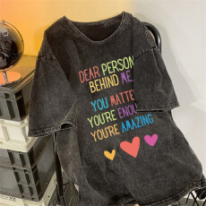 批发220克精梳纯棉洗水黑落肩宽松版型后包边<b class='q'>短袖</b>T恤印花款