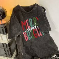 批发220克精梳纯棉洗水黑落肩宽松版型后包边<b class='q'>短袖</b>T恤印花款