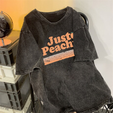 批发220克精梳纯棉洗水黑落肩宽松版型后包边<b class='q'>短袖</b>T恤印花款