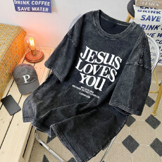 批发220克精梳纯棉洗水黑落肩宽松版型后包边短袖T恤<b class='q'>印花</b>款