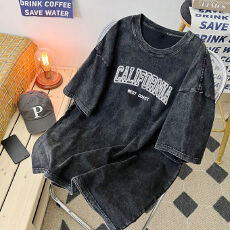 批发220克精梳纯棉洗水黑落肩宽松版型后包边短袖T恤<b class='q'>印花</b>款