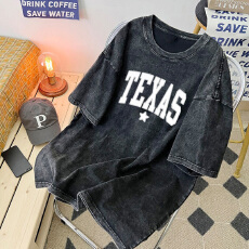 批发220克精梳纯棉洗水黑落肩宽松版型后包边短袖T恤<b class='q'>印花</b>款