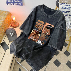 批发220克精梳纯棉洗水黑落肩宽松版型后包边短袖T恤<b class='q'>印花</b>款