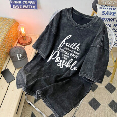 批发220克精梳纯棉洗水黑落肩宽松版型后包边短袖T恤<b class='q'>印花</b>款