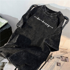 批发220克精梳纯棉洗水黑落肩宽松版型后包边短袖T恤<b class='q'>印花</b>款