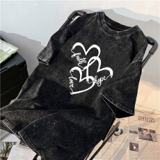 批发220克精梳纯棉洗水黑落肩宽松版型后包边短袖T恤印花款