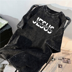 批发220克精梳纯棉洗水黑落肩宽松版型后包边短袖T恤印花款