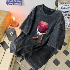 批发220克精梳纯棉洗水黑落肩宽松版型后包边短袖T恤印花款