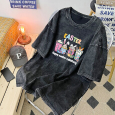 批发220克精梳纯棉洗水黑落肩宽松版型后包边短袖T恤印花款