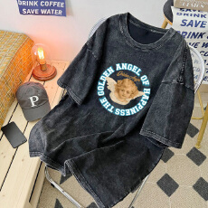 批发220克精梳纯棉洗水黑落肩宽松版型后包边短袖T恤印花款