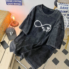 批发220克精梳纯棉洗水黑落肩宽松版型后包边短袖T恤印花款