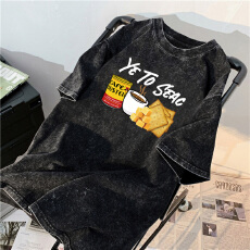 批发220克精梳纯棉洗水黑落肩宽松版型后包边短袖T恤印花款