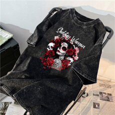 批发220克精梳纯棉洗水黑落肩宽松版型后包边短袖T恤印花款