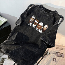 批发220克精梳纯棉洗水黑落肩宽松版型后包边短袖T恤印花款