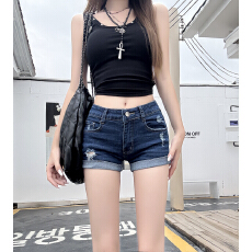 批发实拍~复古水洗破洞<b class='q'>牛仔</b><b class='q'>短裤</b>女美式y2k辣妹高腰<b class='q'>卷</b>边修身弹力<b class='q'>短裤</b>