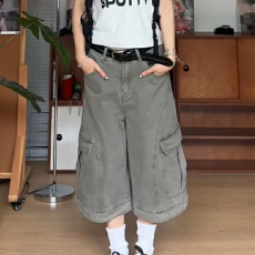 批发大码美式复古做旧水洗大口袋工装裤<b class='q'>男</b>女夏季宽松解构阔腿七分<b class='q'>短裤</b>