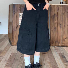 批发大码美式复古解构多口袋<b class='q'>牛仔</b>工装裤<b class='q'>男</b>女夏季潮牌宽松阔腿七分<b class='q'>短裤</b>