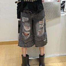批发大码美式复古水洗破洞<b class='q'>牛仔</b>七分裤<b class='q'>男</b>女双腰头设计感宽松阔腿<b class='q'>短裤</b>潮