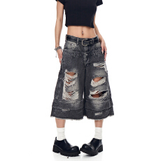 批发美式高街重工水洗破洞<b class='q'>牛仔</b><b class='q'>短裤</b><b class='q'>男</b>女双腰头拼接七分裤潮