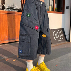 批发大码美式复古花朵刺绣<b class='q'>牛仔</b>七分裤<b class='q'>男</b>女高街vibe宽松阔腿工装<b class='q'>短裤</b>夏
