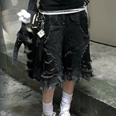 批发大码美式vibe设计感破洞<b class='q'>牛仔</b>七分裤<b class='q'>男</b>女街头风重工解构宽松<b class='q'>短裤</b>潮