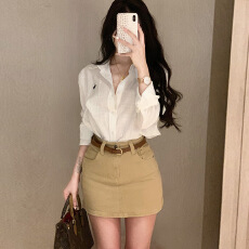 批发美式辣妹卡其色褶皱牛仔半身裙女<b class='q'>夏</b>季高腰修身包臀a字防走光短裙