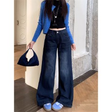 小个子磨白水洗褶皱牛仔微喇裤女秋冬高腰辣妹垂坠感百搭喇叭长裤