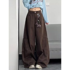 批发美式复古咖色工<b class='q'>装</b>阔腿牛仔裤<b class='q'>女</b>新款高腰宽松显瘦弯刀直筒拖地裤子