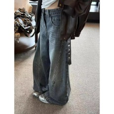 批发秋季新款韩系蓝色复古水洗休闲气质做旧弯刀牛仔长裤<b class='q'>女</b>美式工<b class='q'>装裤</b>