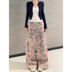 批发复古温柔风满印<b class='q'>碎花</b>阔腿牛仔<b class='q'>裤</b>女秋冬高腰宽松显瘦小众拖地长<b class='q'>裤</b>子
